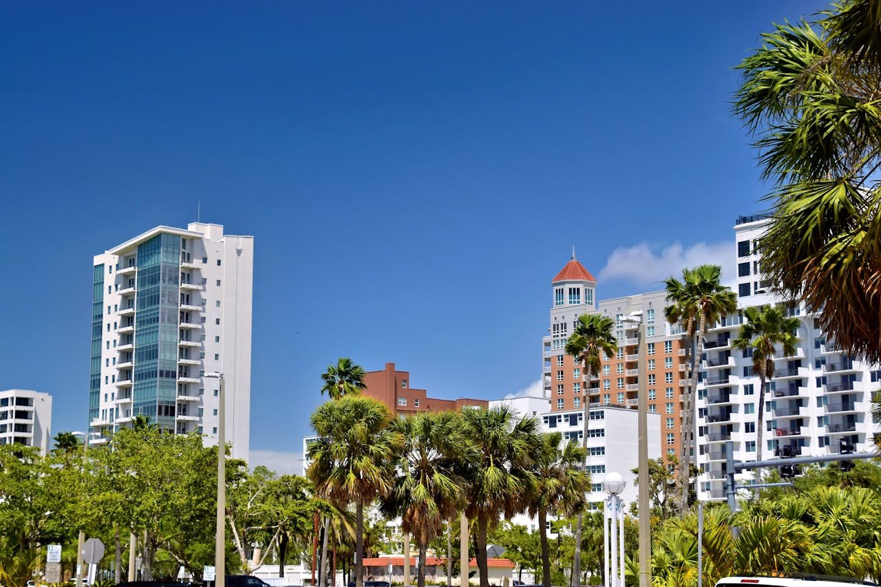 A vibrant urban scene featuring Sarasotas high-rise buildings and palm trees under a clear sky.